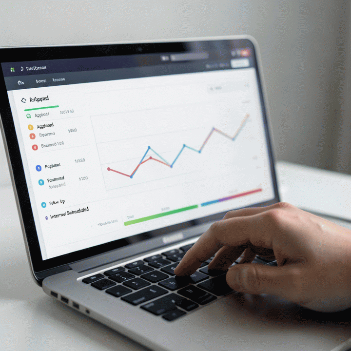 Tangan profesional sedang melacak status lamaran kerja di dashboard digital yang terorganisir, menunjukkan kemajuan karir yang terstruktur.