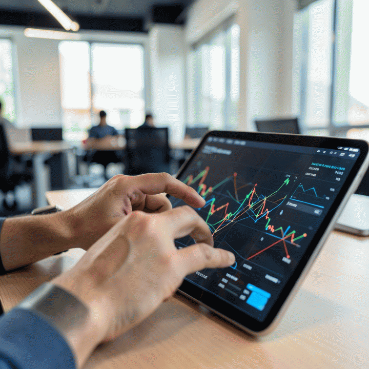 Tangan seorang manajer pemasaran sedang menganalisis data kompleks di layar tablet, mencari insight pasar yang tersembunyi.
