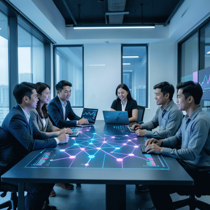 Seorang tim profesional digital marketer di kantor modern sedang berkolaborasi menganalisis data visualisasi kompetitor di meja interaktif, menunjukkan identifikasi celah pasar.