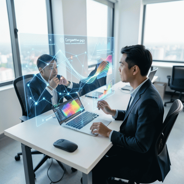 Seorang manajer pemasaran digital profesional berinteraksi dengan visualisasi data holografik yang menunjukkan analisis celah kompetitor dan peluang pasar di atas meja kerja modern.