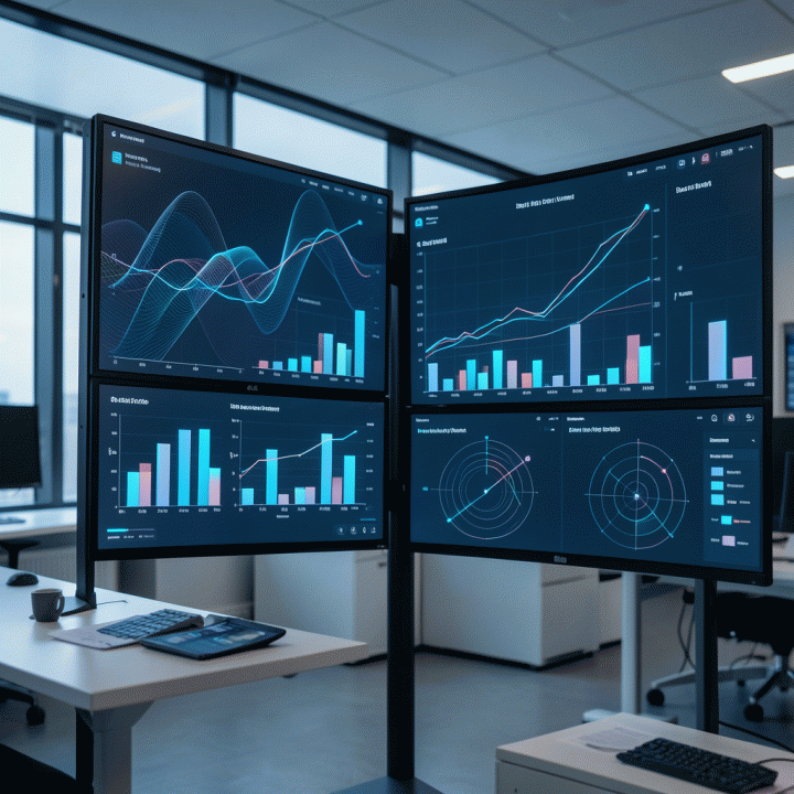 Tampilan dashboard digital multi-layar yang menampilkan pola data dan tren abstrak, menunjukkan proses analisis data yang terstruktur dan terukur.