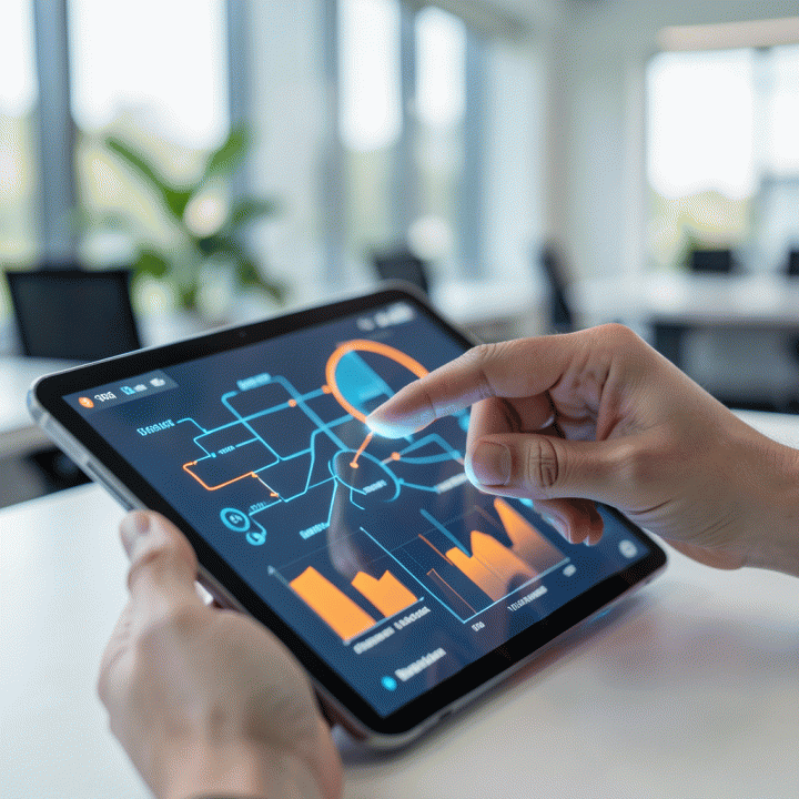 Tangan seorang profesional yang berinteraksi dengan tablet menampilkan visualisasi data perbandingan kompetitor yang kompleks dan abstrak.