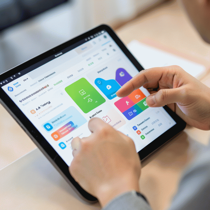 Tangan seorang manajer pemasaran yang sedang menganalisis data performa iklan dan hasil A/B testing pada layar tablet berteknologi tinggi.