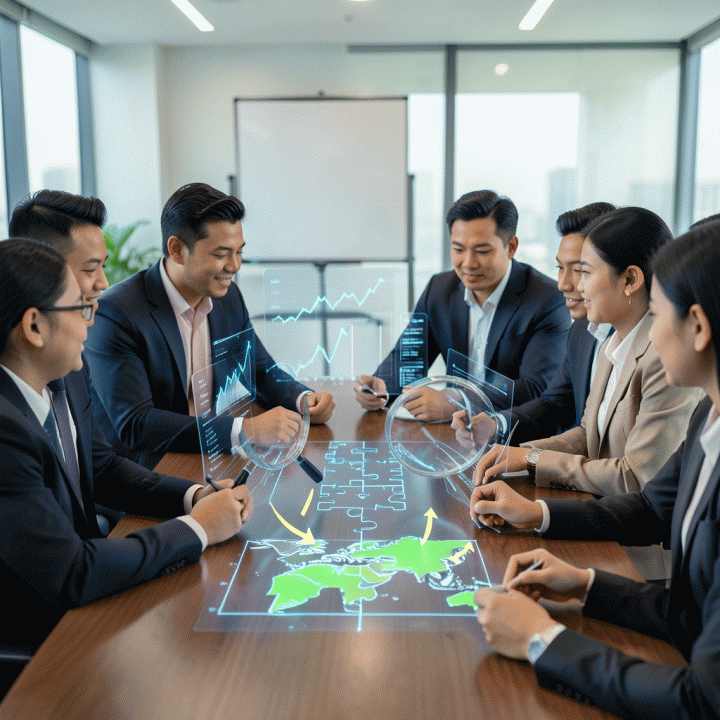 Tim profesional Indonesia sedang berdiskusi dan menganalisis visualisasi data pasar holografik untuk menemukan celah kompetitor di meja konferensi modern.