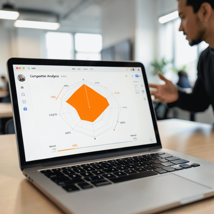 Tampilan layar laptop dengan grafik radar yang menyoroti celah pasar dalam analisis kompetitor.