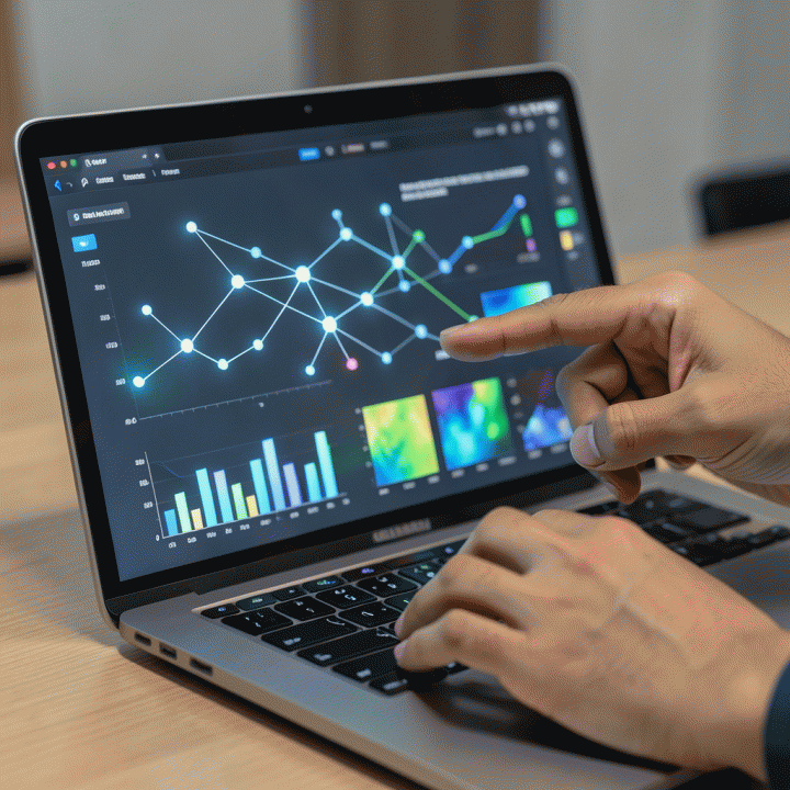 Tangan profesional menunjuk ke bagian insight penting pada dasbor analisis data kompetitor yang terlihat di laptop modern.