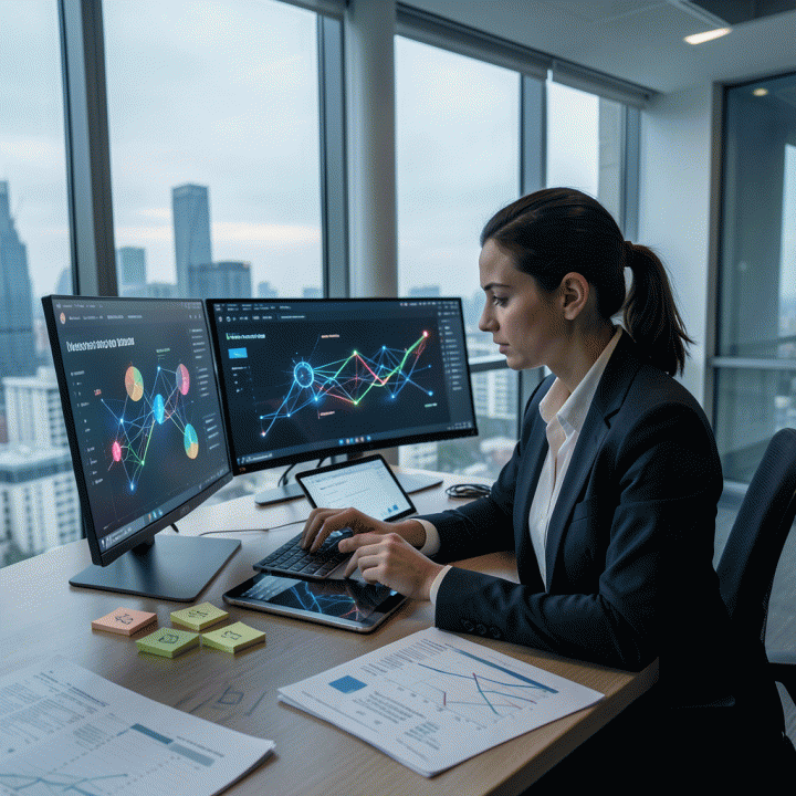 Seorang manajer pemasaran digital profesional yang fokus menganalisis data kompleks dan visualisasi kompetitor di meja kerja modern untuk menemukan strategi pasar unggul.