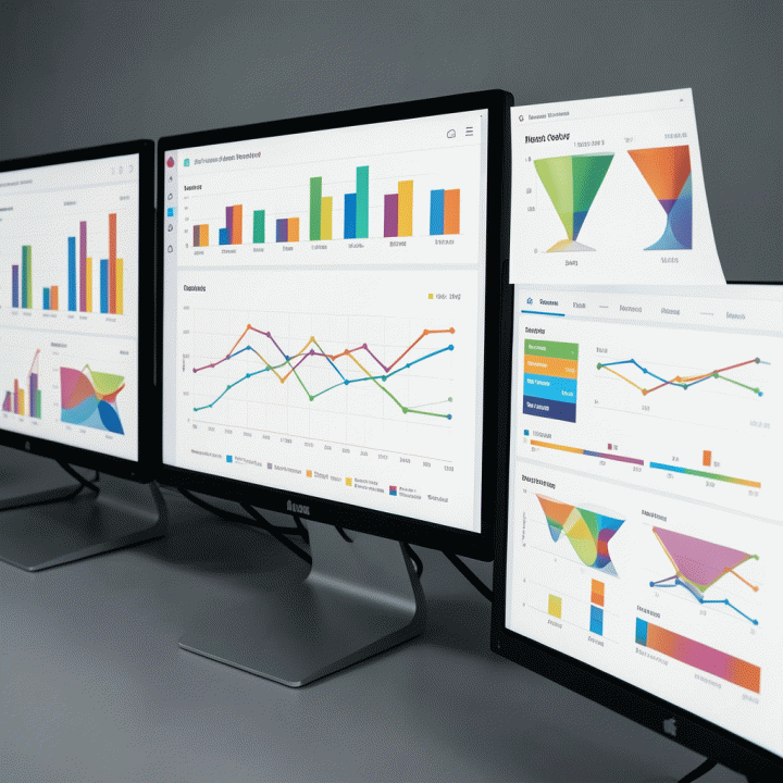 Visualisasi dashboard data iklan dan kompetitor yang kompleks dan terstruktur pada beberapa monitor, menunjukkan perbandingan strategi pasar secara ringkas tanpa teks yang terbaca.