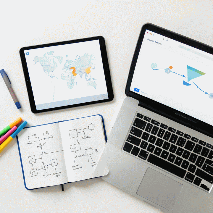 Pengaturan meja kerja yang memperlihatkan transisi dari analisis data digital ke perencanaan strategis fisik, menekankan penemuan celah pasar.