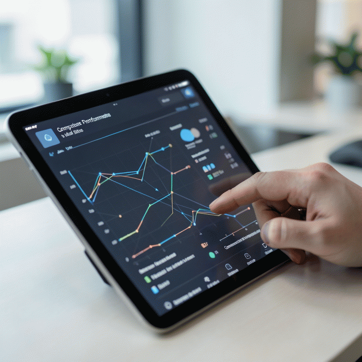 Tangan yang berinteraksi dengan tablet yang menampilkan visualisasi data yang kompleks namun mudah dipahami, menunjukkan proses analisis insight.