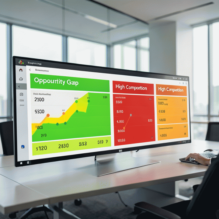 Tampilan dashboard analisis kompetitor e-commerce yang abstrak, menyoroti celah pasar yang belum terisi dengan warna hijau cerah.