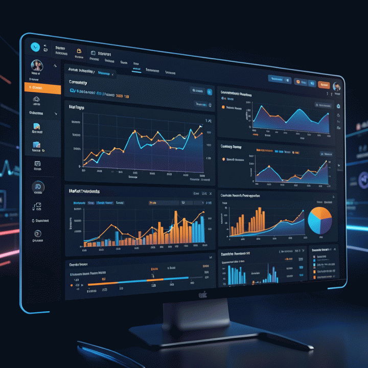 Digital marketing dashboard showing complex data analysis and competitor performance comparison for strategic planning.