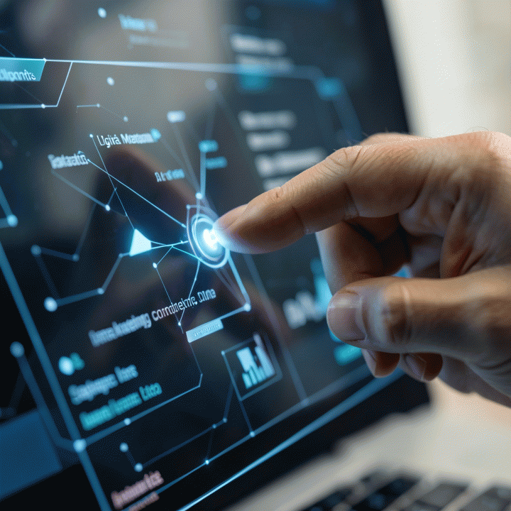 Hand interacting with a digital interface displaying marketing insights and competitor data.
