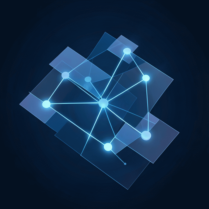 Abstract visualization of competitive strategy mapping with overlapping market competitor nodes.