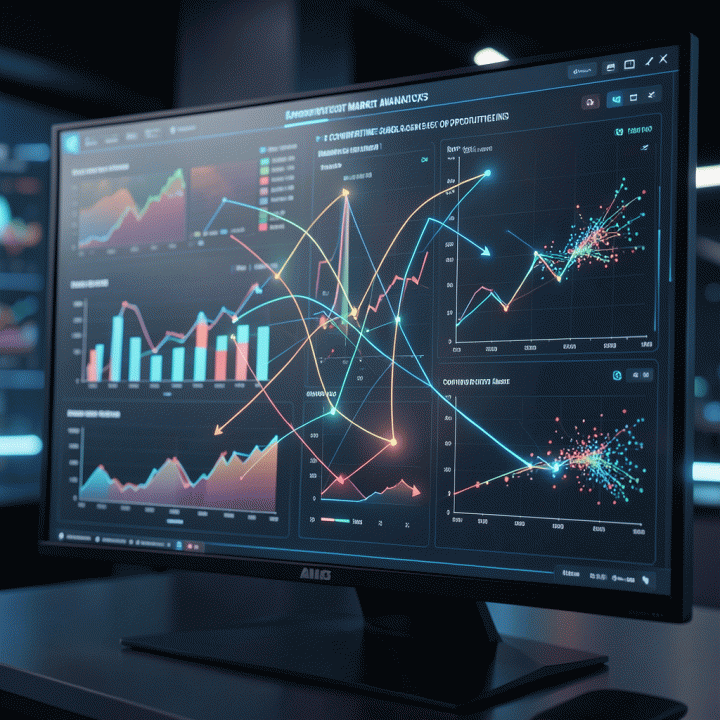 Cinematic visualization of a futuristic digital dashboard showing competitive market analysis data and strategic insights.