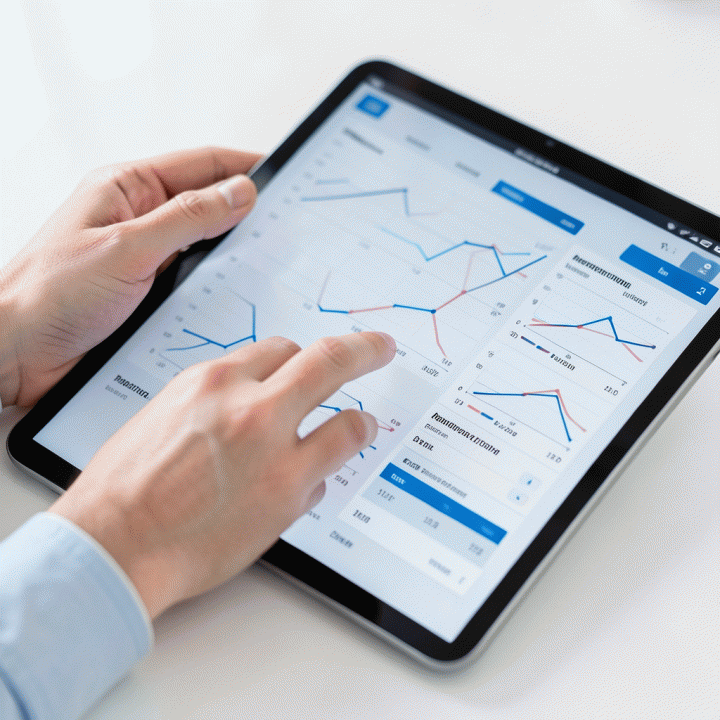 Hands interacting with a data visualization interface for competitive analysis on a tablet.