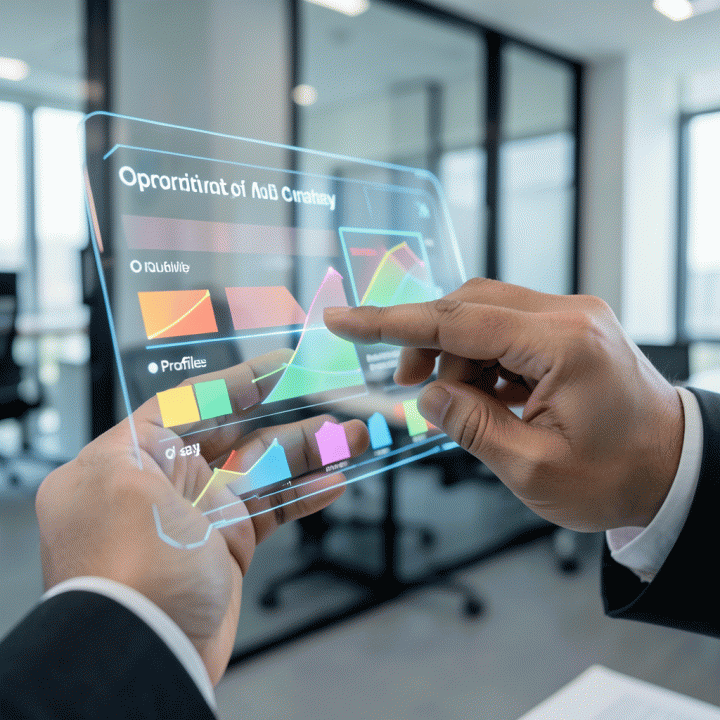 Tangan profesional yang menganalisis perbandingan data kompetitor menggunakan antarmuka digital holografik, menyoroti celah pasar.