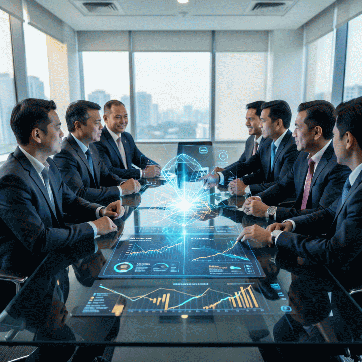 Tim marketing profesional yang sedang menganalisis data kompleks di atas meja konferensi modern, mengidentifikasi celah pasar potensial melalui visualisasi holografik yang canggih.