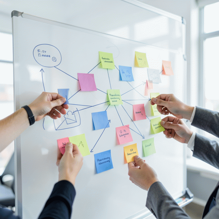 Kolaborasi tim yang sedang menyusun peta strategi merek (brand positioning) di papan tulis digital.