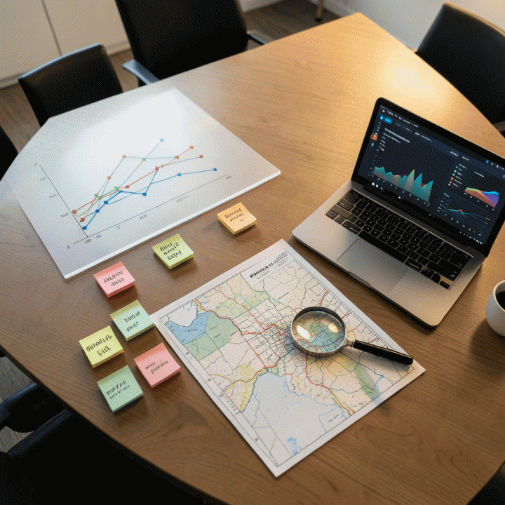 Tampilan sinematik dari meja rapat modern yang berisi alat-alat analisis bisnis seperti grafik data, peta pasar, dan laptop yang menunjukkan visualisasi data abstrak, melambangkan analisis kompetitor.