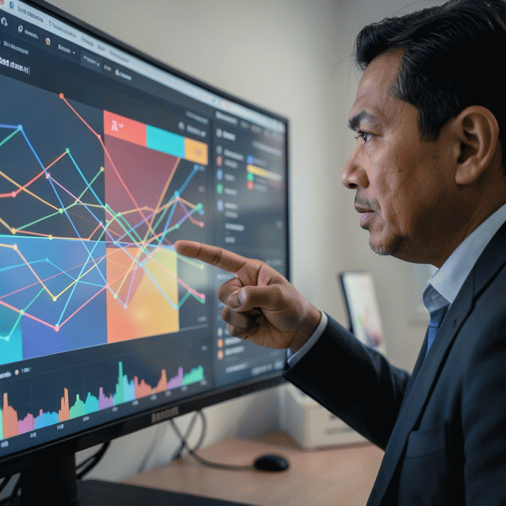 Seorang profesional pemasaran menunjuk ke dashboard visualisasi data abstrak yang menunjukkan celah pasar dan positioning merek yang unggul.