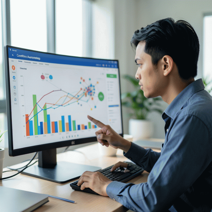 Seorang profesional pemasaran digital Indonesia sedang menganalisis dasbor analisis kompetitor di layar monitor lengkung besar, dengan grafik batang dan diagram abstrak tanpa teks terbaca.