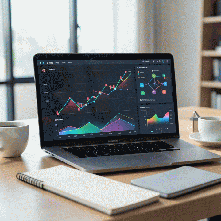 Visualisasi data analitik e-commerce yang profesional dan canggih, menunjukkan pertumbuhan dan tren pasar yang dapat diidentifikasi.