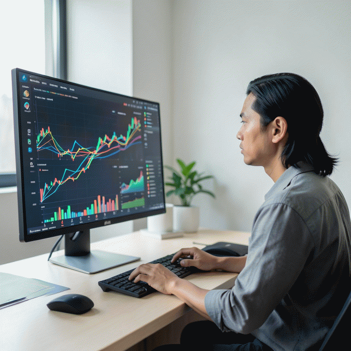 Seorang penjual e-commerce profesional di Indonesia menganalisis data tren kompetitor dan visualisasi grafik pasar yang kompleks di monitor komputer yang modern dan canggih.