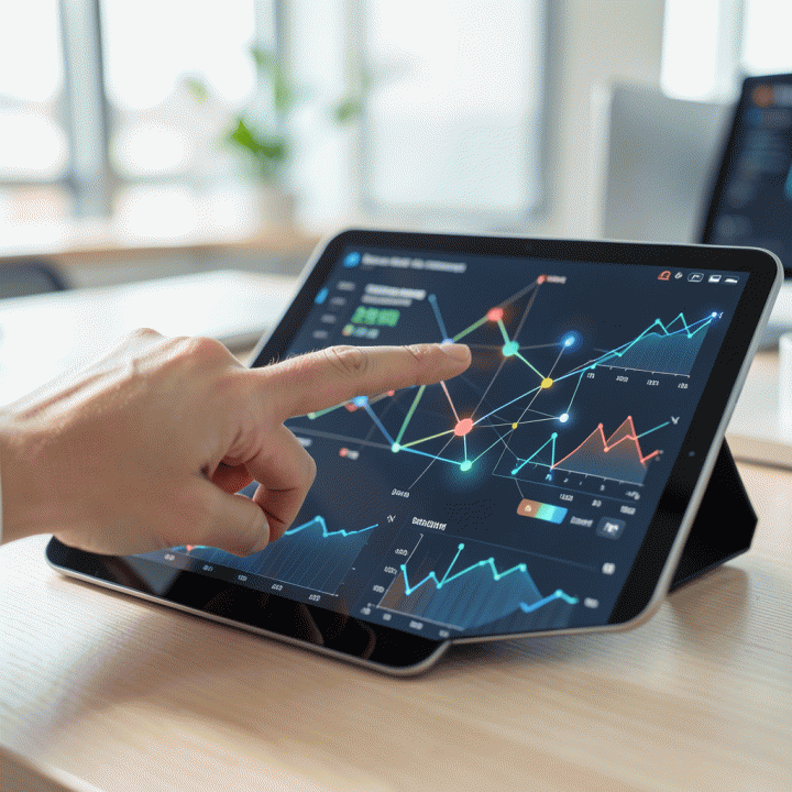 Tangan menunjuk ke data penting pada dasbor analitik digital yang menunjukkan titik analisis kompetitor.