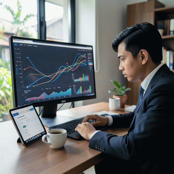 Seorang penjual e-commerce profesional Indonesia sedang menganalisis data kompetitor yang kompleks dan real-time di monitor besar, menunjukkan penguasaan strategi bisnis.