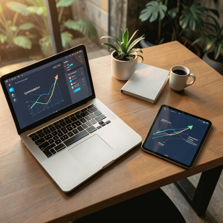 Meja kerja modern yang menampilkan berbagai perangkat digital dengan visualisasi data yang menunjukkan peningkatan dan optimasi bisnis.