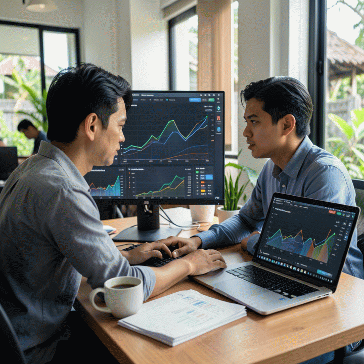 Seorang penjual e-commerce profesional di Indonesia sedang menganalisis data kompetitor dan strategi harga di dashboard digital yang canggih, menunjukkan optimasi bisnis yang sukses.