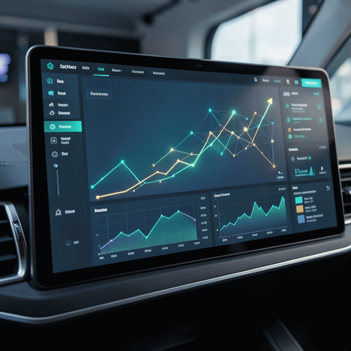 Dashboard analitik digital yang modern dan futuristik, menampilkan grafik pertumbuhan dan data tren pasar e-commerce, melambangkan analisis kompetitor dan perencanaan bisnis.