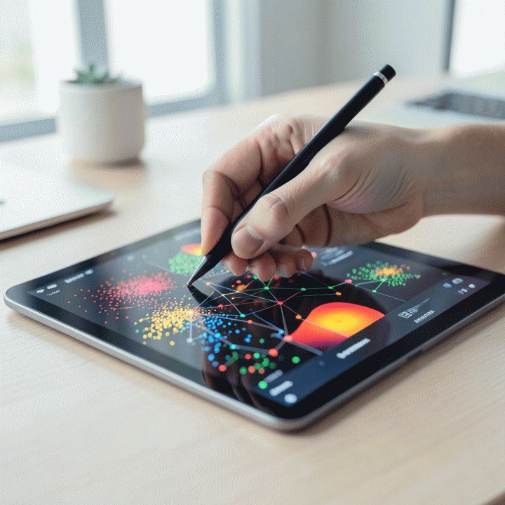 Tangan profesional menggunakan tablet untuk menganalisis data tren pasar e-commerce yang kompleks dan abstrak.