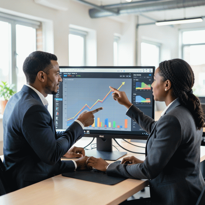 Dua profesional bisnis berdiskusi dan menganalisis data tren pasar di layar monitor besar, menunjukkan strategi kompetitif.