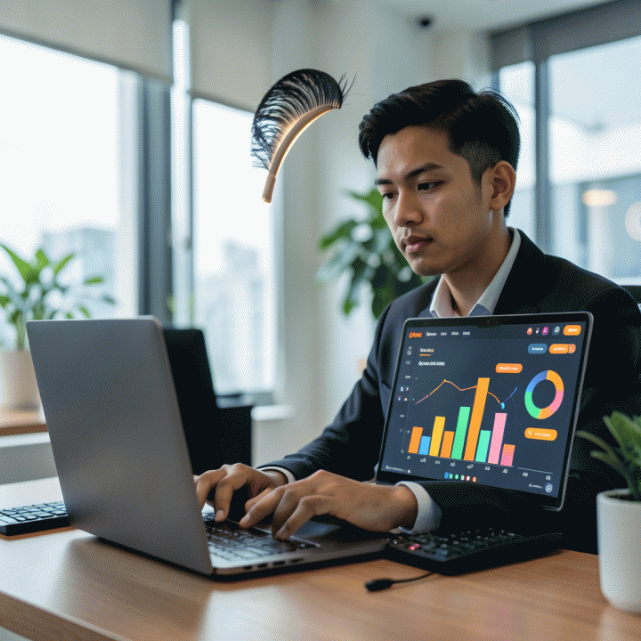 Seorang penjual Shopee sedang menganalisis data kompetitor melalui dashboard Dashop di laptop dengan tampilan layar penuh grafik dan diagram tanpa teks.