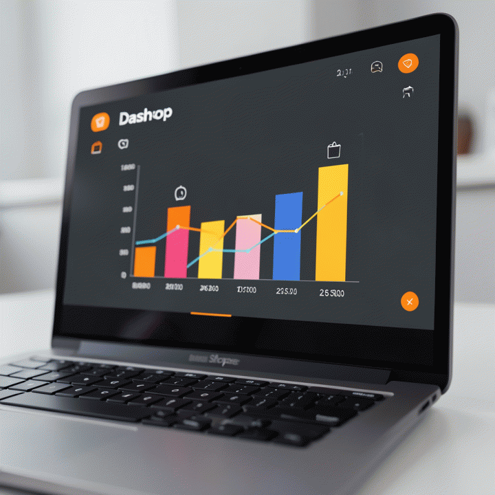 Layar laptop menampilkan grafik perbandingan harga kompetitor di Shopee menggunakan Dashop dengan berbagai warna dan ikon produk.