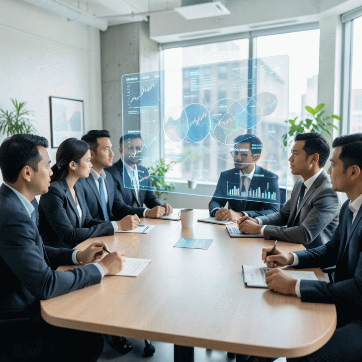 Seorang tim analis bisnis modern yang berkumpul di sekitar meja konferensi, berdiskusi melihat visualisasi data holografik tentang celah pasar kompetitor di sebuah ruang kerja yang terang.
