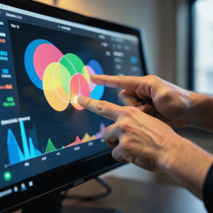 Tangan profesional berinteraksi dengan dashboard digital futuristik yang menunjukkan perbandingan data kompleks dan menemukan celah pasar yang teridentifikasi.