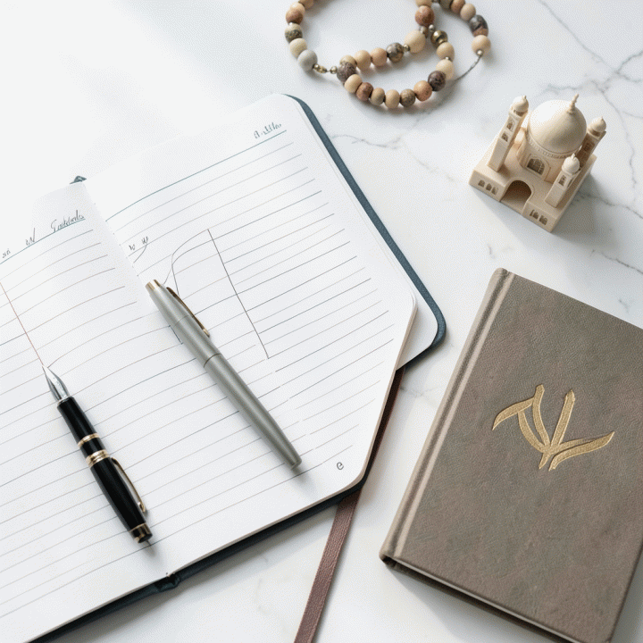 Foto datar (flat lay) alat tulis dan jurnal yang terorganisir untuk perencanaan dan pelacakan kebiasaan spiritual.