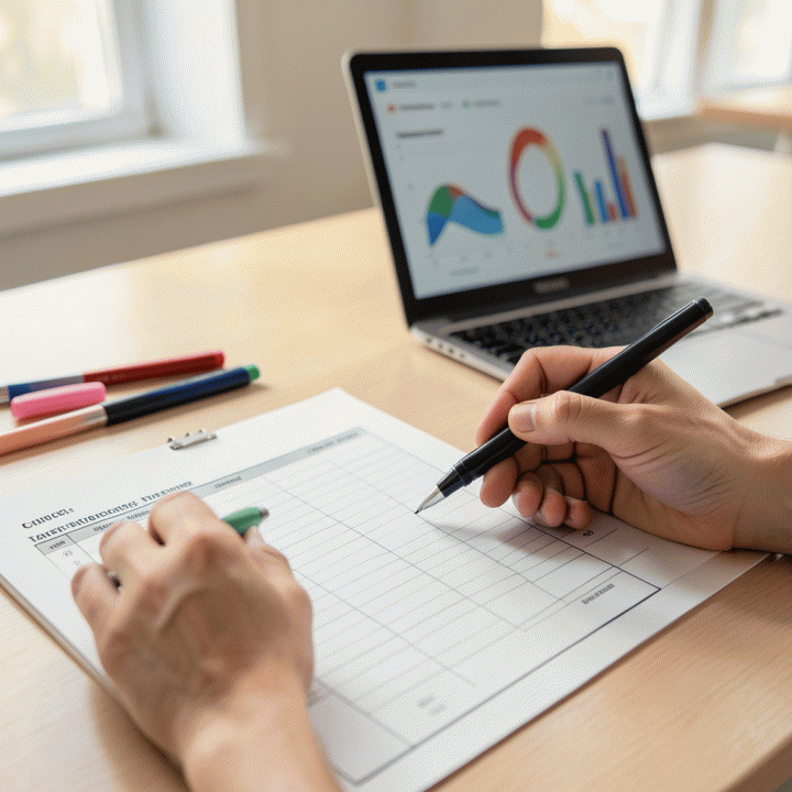 Detail tangan yang sedang mencatat dan melacak progres lamaran kerja pada spreadsheet fisik, menekankan pentingnya manajemen data.