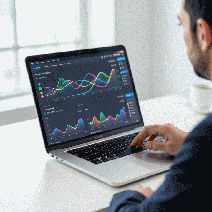 Seorang pencari kerja profesional menganalisis dashboard data pelacakan lamaran kerja di laptop untuk mengoptimalkan peluang karir.