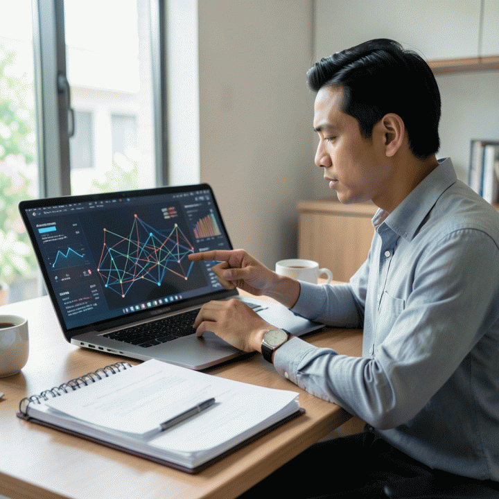 Seorang profesional muda Indonesia menganalisis data lowongan pekerjaan historis di meja kerja modern, menunjukkan proses riset pasar yang mendalam dan terstruktur.