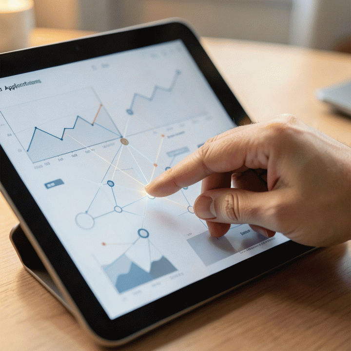 Tangan yang melacak dan menganalisis data lowongan kerja historis pada dashboard digital yang minimalis.