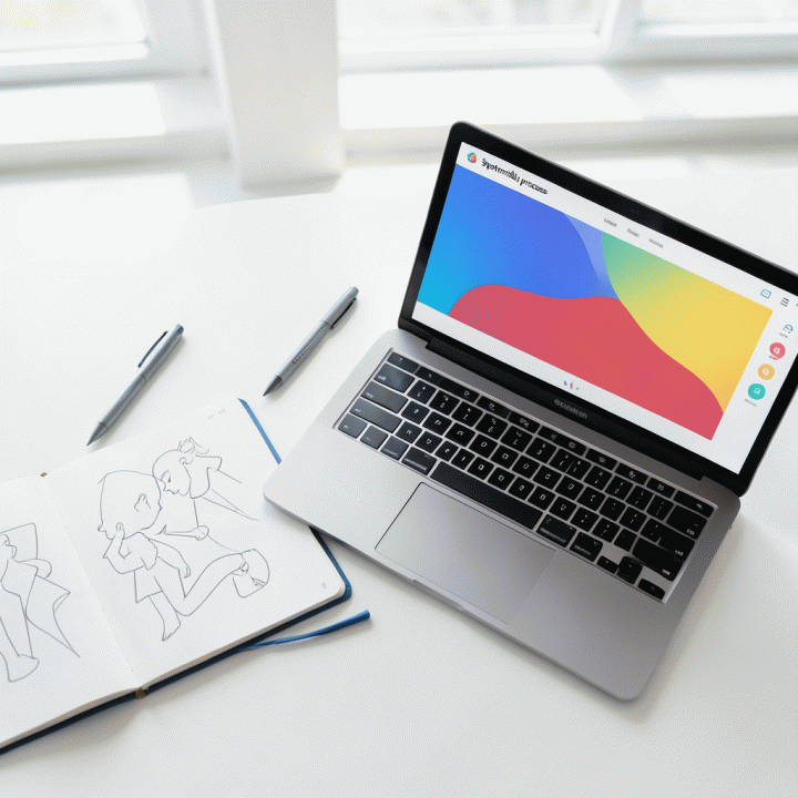 Pandangan atas meja kerja yang minimalis, menunjukkan alat-alat bantu (stylus, buku catatan) yang digunakan dalam proses menghasilkan dan menganalisis ide bisnis digital menggunakan AI.