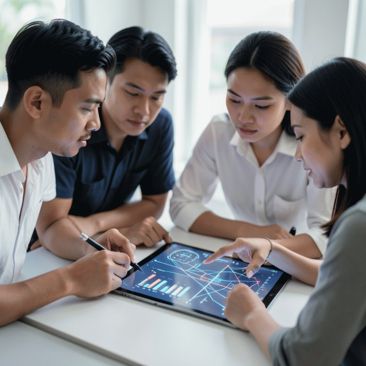 Kelompok profesional Indonesia berdiskusi dan menganalisis blueprint bisnis digital di tablet modern, menunjukkan kolaborasi dalam riset pasar.