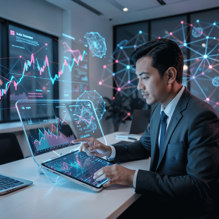Profesional muda Indonesia bekerja di meja kerja modern, dikelilingi oleh visualisasi data tren pasar dan ide-ide bisnis viral yang disajikan secara futuristik melalui layar transparan.