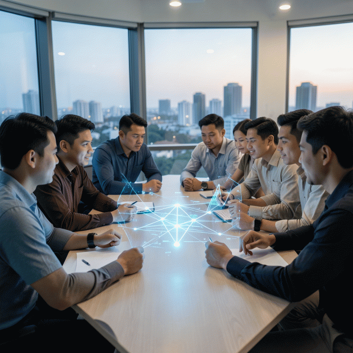 Grup profesional muda Indonesia berkolaborasi menganalisis data pasar dan ide bisnis di ruang kerja modern, melambangkan pencarian niche digital yang menguntungkan.