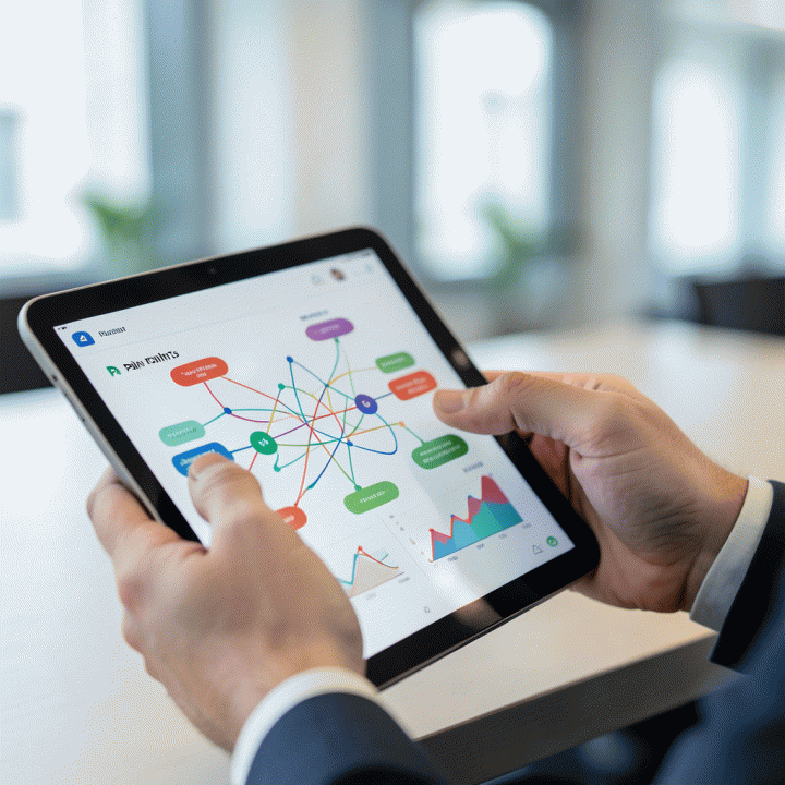 Tangan menganalisis data pain points dan tren pasar di tablet, menunjukkan proses riset market.