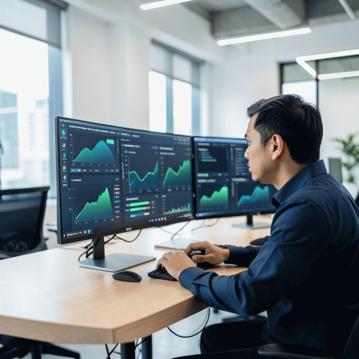 Seorang freelancer profesional di co-working space yang menganalisis dashboard data konversi proyek di layar multi-monitor, menunjukkan manajemen kerja yang terorganisir.